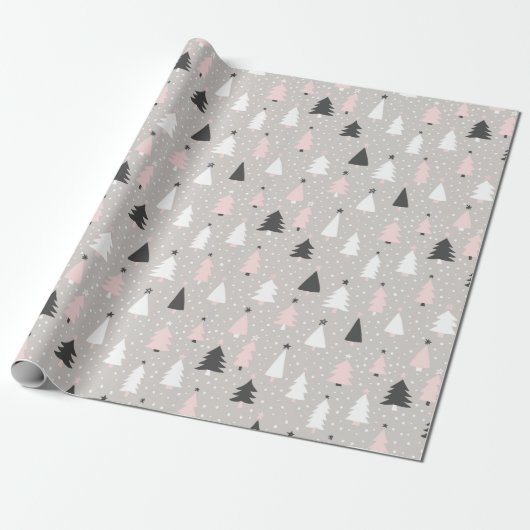 Papier Cadeau Arbre de Noël moderne rose gris noir (Déroulé)