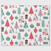 Papier Cadeau Arbre de Noël. Motif moderne bleu, rouge et rose (Plat)