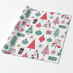 Papier Cadeau Arbre de Noël. Motif moderne bleu, rouge et rose