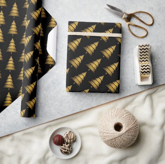 Papier Cadeau Arbre de Noël noir doré moderne (Artisanat)