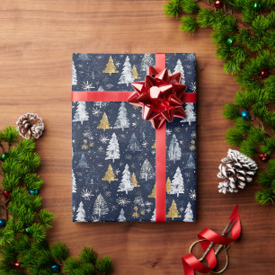 Papier Cadeau Arbre de Noël or et blanc Motif avec étoiles