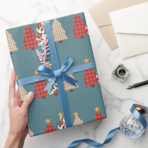 Papier Cadeau Arbre de Noël Patchwork Vintage Carreaux Rouges Fê