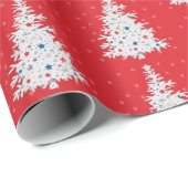 Papier Cadeau Arbre de Noël patriotique sur rouge avec des floco (Coin rond)