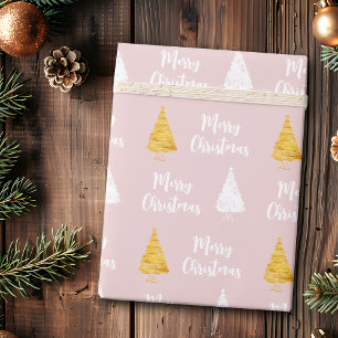 Papier Cadeau Arbre de Noël personnalisé rose blush blanc doré