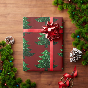 Papier Cadeau Arbre de Noël pétillant vert motif rouge foncé