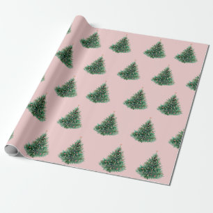Papier Cadeau Arbre de Noël pin aquarelle rose Noël