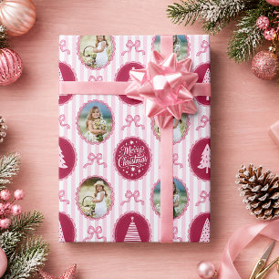 Papier Cadeau Arbre de Noël rayé avec nœud coquet rose 4 Photo