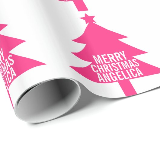 Papier Cadeau Arbre de Noël rose Joyeux Noël Nom personnalisé (Coin rond)