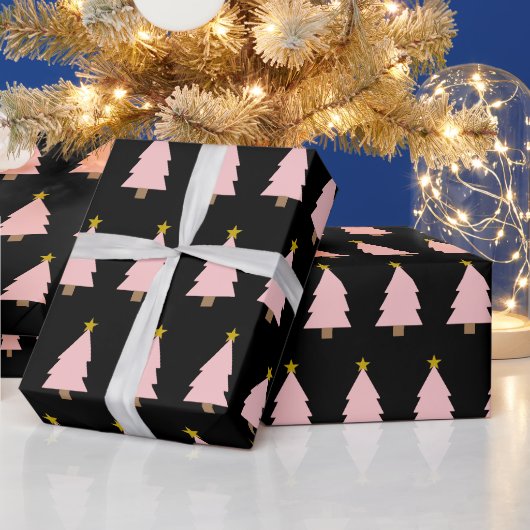 Papier Cadeau Arbre de Noël rose ligne & étoile d'or sur noir (Vacances)
