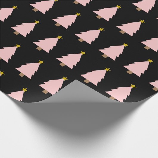 Papier Cadeau Arbre de Noël rose ligne & étoile d'or sur noir (Coin)