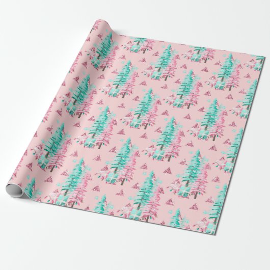 Papier Cadeau Arbre de Noël rose Motif Vacances Turquoises (Déroulé)