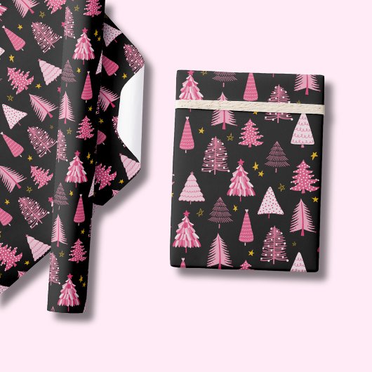 Papier Cadeau Arbre de Noël rose noir