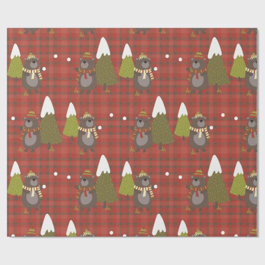 Papier Cadeau Arbre de Noël rouge rustique et cadeau d'ours (Plat)