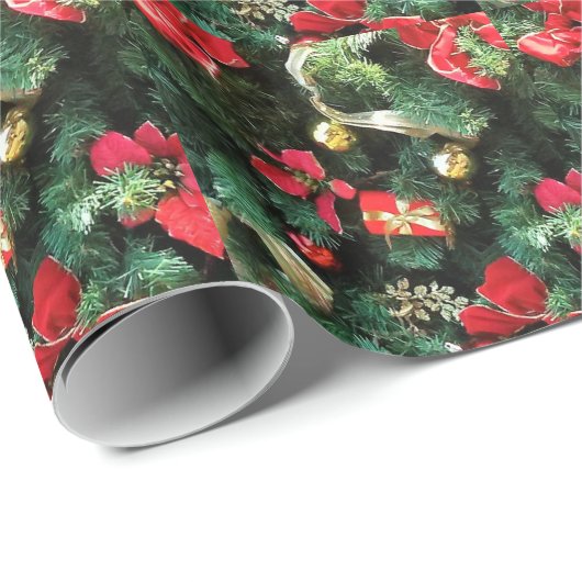 Papier Cadeau Arbre de Noël rouge vert (Coin rond)
