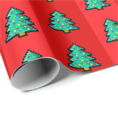 Papier Cadeau Arbre de Noël Rouge Vert Pixel Art Fun Geeky (Coin rond)