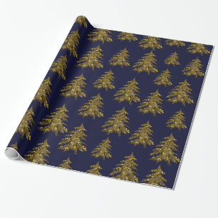 Papier Cadeau Arbre de Noël scintillant d'or sur bleu-foncé