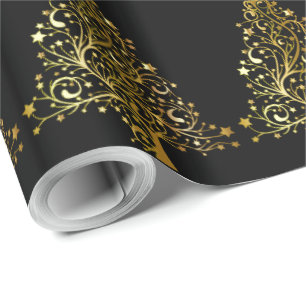 Papier Cadeau Arbre de Noël Stars Black Gold Metallic Look