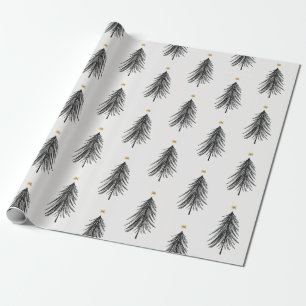 Papier Cadeau Arbre de Noël tiré à la main en noir et or