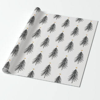 Papier Cadeau Arbre de Noël tiré à la main en noir et or