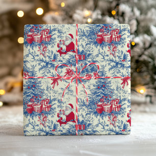 Papier Cadeau Arbre de Noël toile vintage rouge bleu Santa