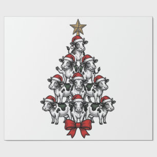 Papier Cadeau Arbre de Noël vache Gravure vintage Ferme de vacan