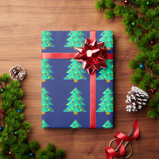 Papier Cadeau Arbre de Noël vert 8 bits avec arrière - plan bleu (Cadeau de vacances)