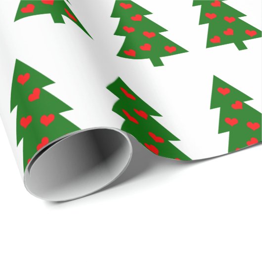 Papier Cadeau Arbre de Noël vert aux Coeurs rouges (Coin rond)
