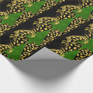Papier Cadeau Arbre de Noël vert avec huile d'or et noir