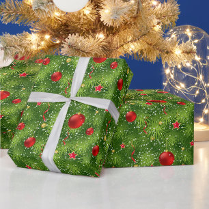 Papier Cadeau Arbre de Noël vert et ornements de Noël