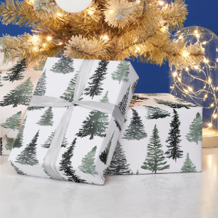 Papier Cadeau Arbre de Noël vert pin rustique aquarelle