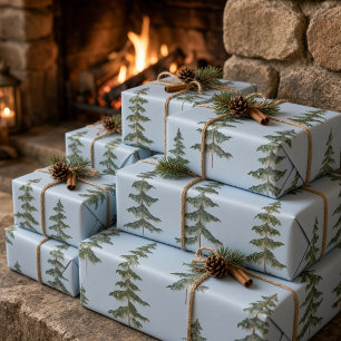 Papier Cadeau Arbre de pin d'hiver à l'aquarelle moderne bleu cl