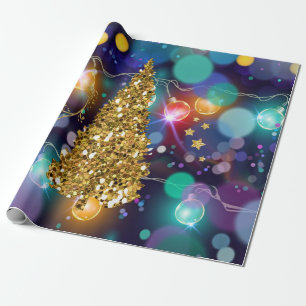 Papier Cadeau Arbre d'or rougeoyant de Bokeh de lumières de Noël
