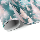 Papier Cadeau Arbres blancs roses verts Noël moderne (Coin rond)