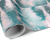 Papier Cadeau Arbres blancs roses verts Noël moderne (Coin rond)