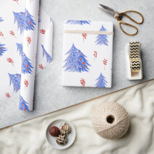 Papier Cadeau Arbres bleus de glace d'hiver Baies de houx Noël