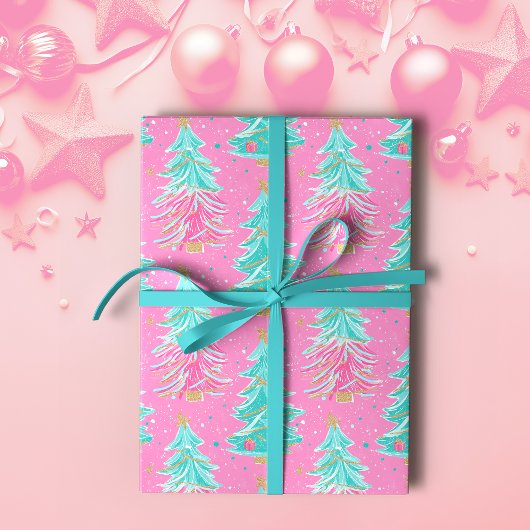 Papier Cadeau Arbres cadeaux de Noël rose et menthe