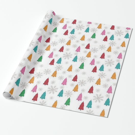 Papier Cadeau "Arbres colorés et flocons de neige" Enveloppement (Déroulé)
