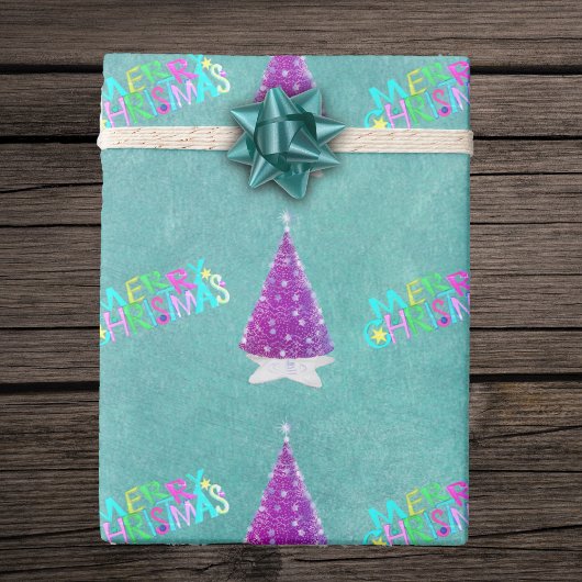 Papier Cadeau Arbres d'argent rose coloré Joyeux Noël Turquoise