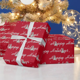 Papier Cadeau Arbres de fêtes joyeuses sur fond rouge