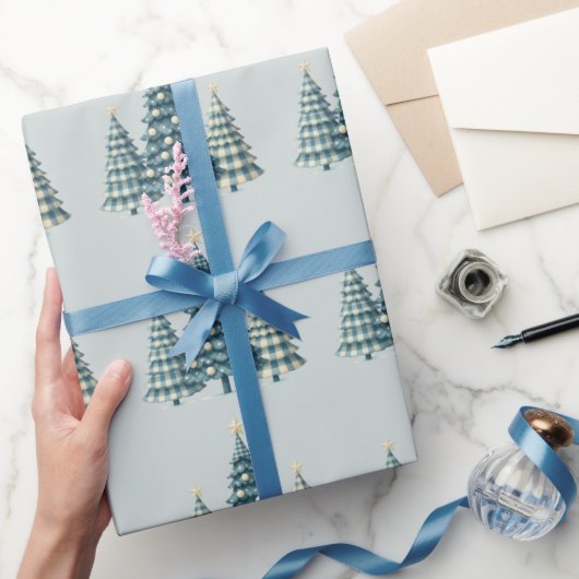 Papier Cadeau Arbres de Noël À damiers bleu (Cadeaux)