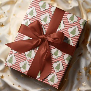 Papier Cadeau Arbres de Noël à l'aquarelle Coquette Rayures Roug