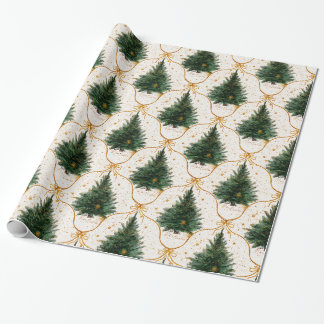 Papier Cadeau Arbres de Noël à l'aquarelle élégants avec des nœu