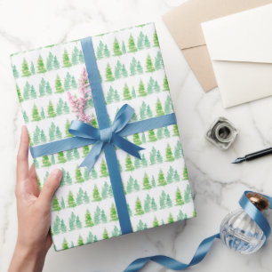 Papier Cadeau Arbres de Noël à l'aquarelle vert blanc