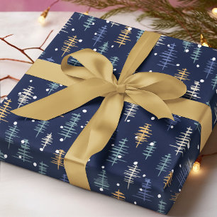Papier Cadeau Arbres de Noël Abstraits Bleu Blanc Or