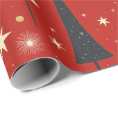 Papier Cadeau Arbres de Noël Abstraits sur Arrière - plan rouge (Coin rond)