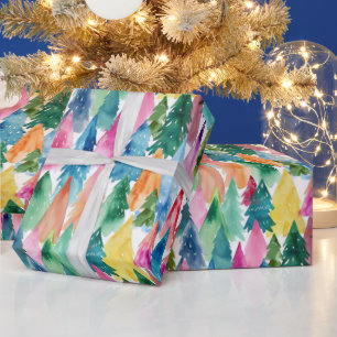 Papier Cadeau Arbres de Noël Arc-en-ciel Colorés Aquarelle