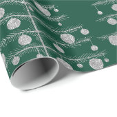 Papier Cadeau Arbres de Noël Argent Chargés D'Ornements Vert (Coin rond)