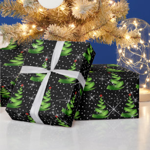 Papier Cadeau Arbres de Noël au ruban vert étincelant
