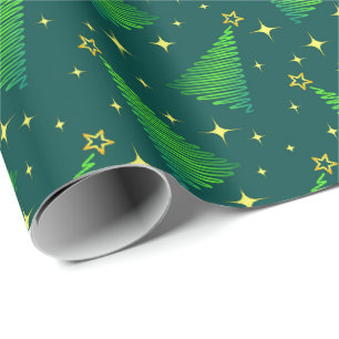 Papier Cadeau Arbres de Noël aux étoiles d'or