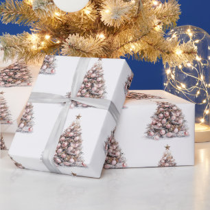 Papier Cadeau Arbres de Noël blanc rose pâle